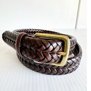 Fossil Dark Brown Braided Leather Belt Solid Brass Buckle size 85/34 Preppy